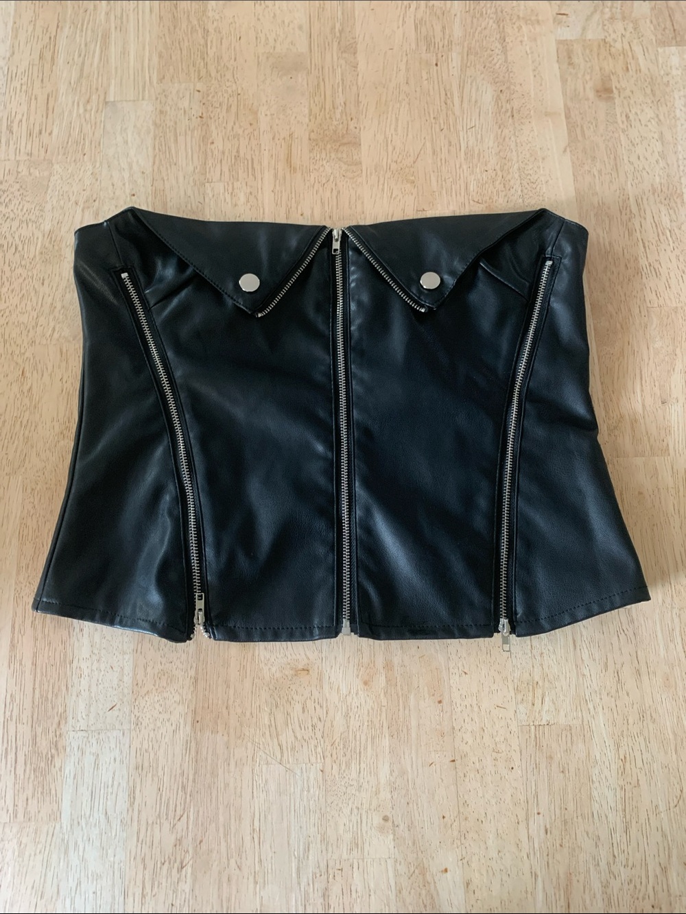 Edikted Black Faux Leather Zip-Front Strapless Top Size L